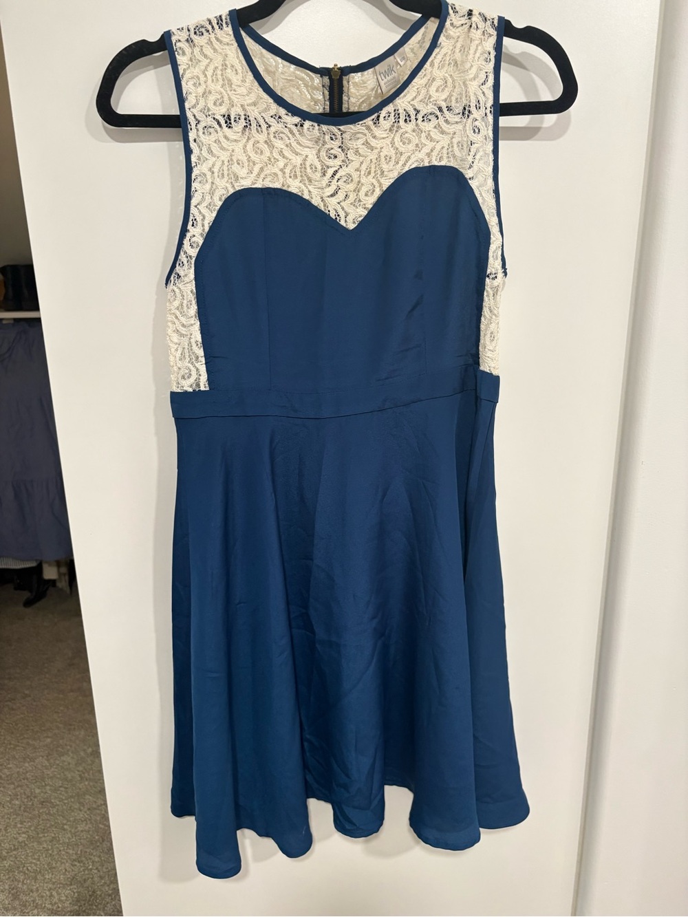 twik Navy Blue Fit & Flare Dress with Ivory Lace Yoke
